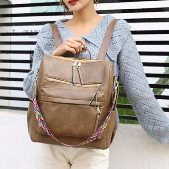Luxe Vegan Leather Colorful Strap Backpack Shoulder bag - Picture 6 of 8